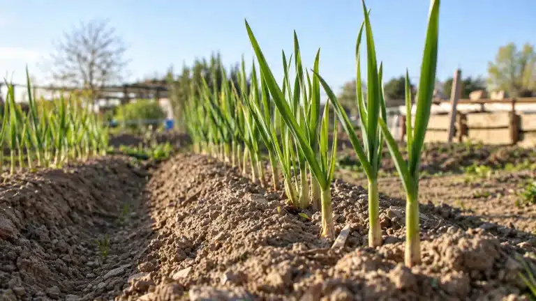 Plants d’ail cultivés sur des billons au potager