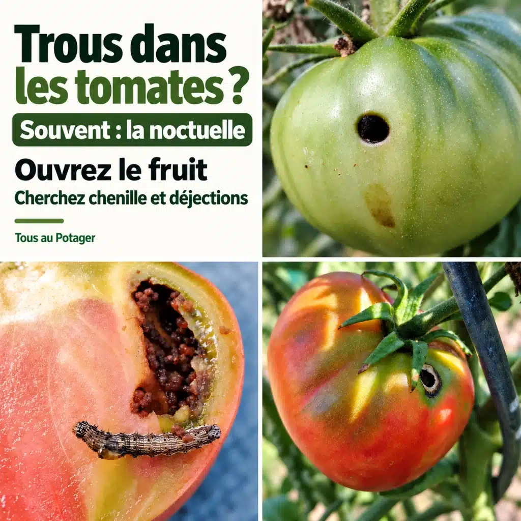 Trous dans des tomates avec chenille de noctuelle et déjections dans un fruit ouvert